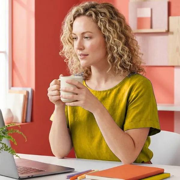 Woman with curly hair holding a mug at her desk, looking thoughtful