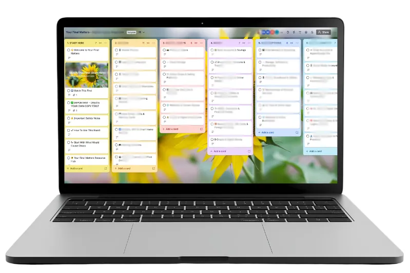 Digital Legacy Organiser board template on laptop
